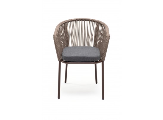 "Марсель" стул плетеный из роупа, каркас алюминий коричневый (RAL8016) муар, роуп коричневый круглый, ткань темно-серая 027 в Кургане