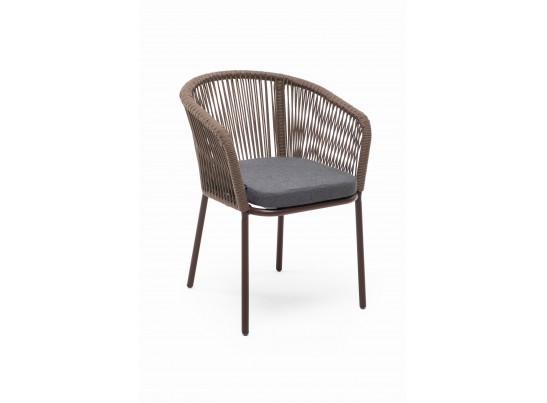 "Марсель" стул плетеный из роупа, каркас алюминий коричневый (RAL8016) муар, роуп коричневый круглый, ткань темно-серая 027 в Кургане