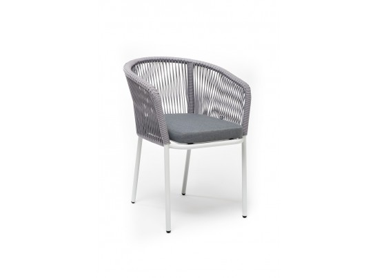 "Марсель" стул плетеный из роупа, каркас алюминий белый муар, роуп светло-серый круглый, ткань светло-серая в Кургане