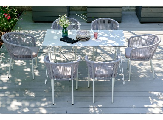 "Марсель" стул плетеный из роупа, каркас алюминий белый муар, роуп светло-серый круглый, ткань светло-серая в Кургане