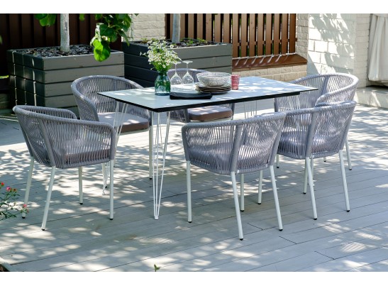 "Марсель" стул плетеный из роупа, каркас алюминий белый муар, роуп светло-серый круглый, ткань светло-серая в Кургане