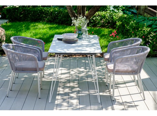 "Марсель" стул плетеный из роупа, каркас алюминий белый муар, роуп светло-серый круглый, ткань светло-серая в Кургане