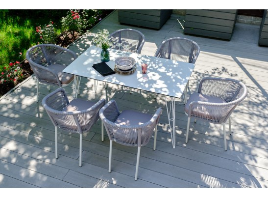 "Марсель" стул плетеный из роупа, каркас алюминий белый муар, роуп светло-серый круглый, ткань светло-серая в Кургане