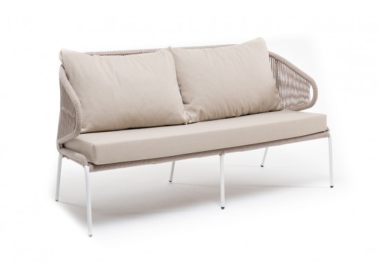 "Милан" диван 2-местный плетеный из роупа, каркас алюминий белый муар, роуп бежевый круглый, ткань бежевая 035 в Кургане