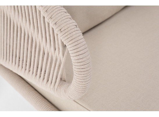 "Милан" диван 2-местный плетеный из роупа, каркас алюминий белый муар, роуп бежевый круглый, ткань бежевая 035 в Кургане