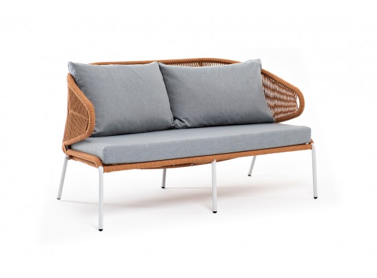 "Милан" диван 2-местный плетеный из роупа, каркас алюминий светло-серый (RAL7035) муар, роуп оранжевый меланж круглый, ткань светло-серая в Кургане