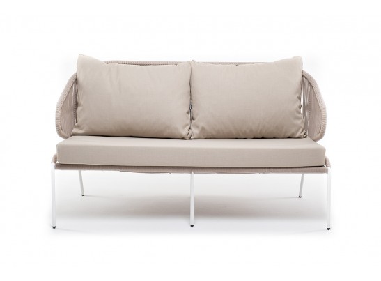 "Милан" диван 2-местный плетеный из роупа, каркас алюминий белый, роуп бежевый, ткань бежевая в Кургане