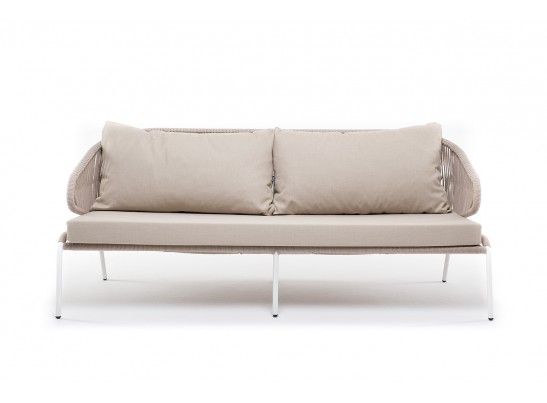 "Милан" диван 3-местный плетеный из роупа, каркас алюминий белый муар, роуп бежевый круглый, ткань бежевая 052 в Кургане