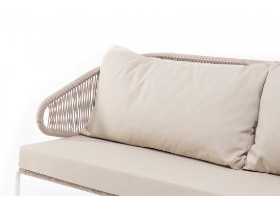 "Милан" диван 3-местный плетеный из роупа, каркас алюминий белый муар, роуп бежевый круглый, ткань бежевая 052 в Кургане