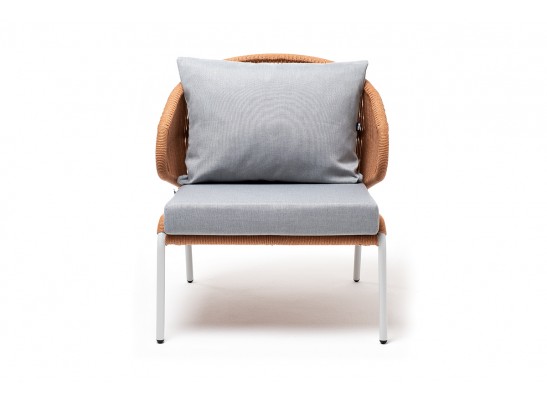 "Милан" кресло плетеное из роупа, каркас алюминий светло-серый (RAL7035) муар, роуп оранжевый меланж круглый, ткань светло-серая в Кургане