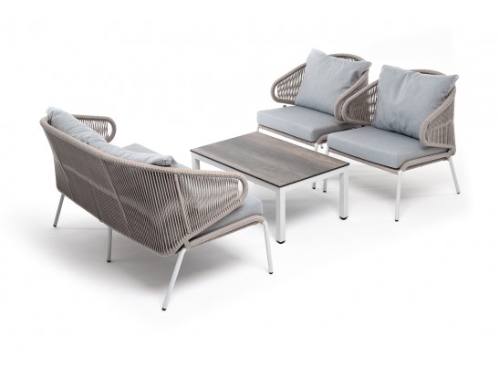 "Милан" лаунж-зона 4-местная плетеная из роупа (веревки), каркас алюминиевый белый, роуп бежевый в Кургане