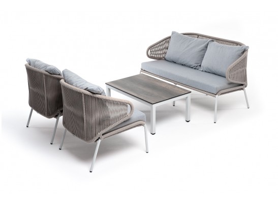 "Милан" лаунж-зона 4-местная плетеная из роупа (веревки), каркас алюминиевый белый, роуп бежевый в Кургане