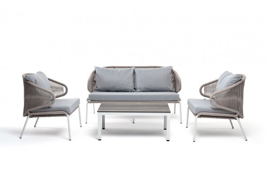 "Милан" лаунж-зона 4-местная плетеная из роупа (веревки), каркас алюминиевый белый, роуп бежевый в Кургане