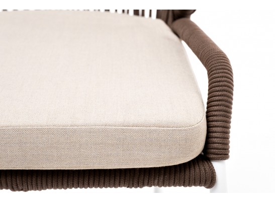 "Милан" стул плетеный из роупа, каркас алюминий белый муар, роуп коричневый круглый, ткань бежевая 052 в Кургане