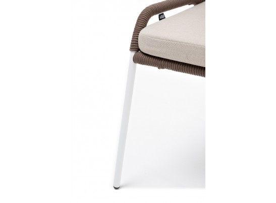 "Милан" стул плетеный из роупа, каркас алюминий белый муар, роуп коричневый круглый, ткань бежевая 052 в Кургане