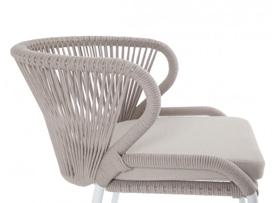 "Милан" стул плетеный из роупа, каркас алюминий белый муар, роуп бежевый круглый, ткань бежевая 052 в Кургане