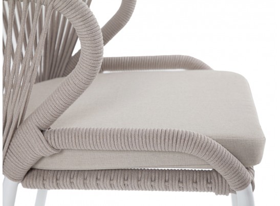 "Милан" стул плетеный из роупа, каркас алюминий белый муар, роуп бежевый круглый, ткань бежевая 052 в Кургане