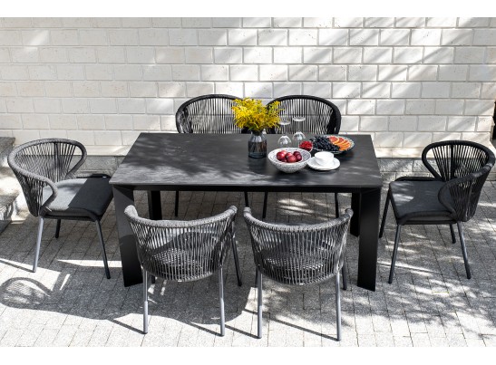 "Милан" стул плетеный из роупа, каркас алюминий темно-серый (RAL7024) шагрень, роуп темно-серый круглый, ткань темно-серая в Кургане