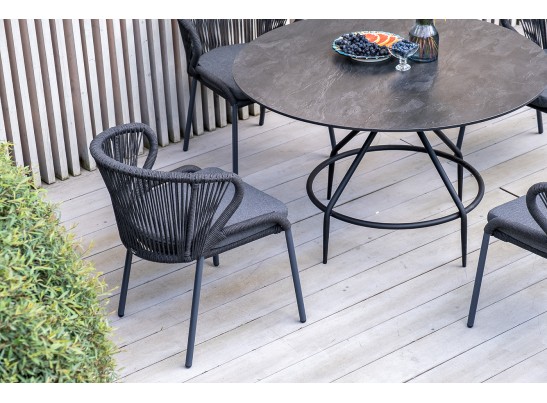 "Милан" стул плетеный из роупа, каркас алюминий темно-серый (RAL7024) шагрень, роуп темно-серый круглый, ткань темно-серая в Кургане