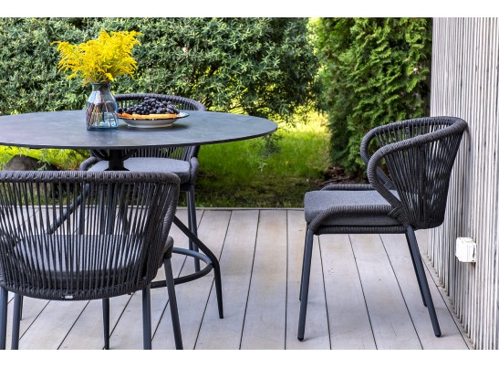 "Милан" стул плетеный из роупа, каркас алюминий темно-серый (RAL7024) шагрень, роуп темно-серый круглый, ткань темно-серая в Кургане