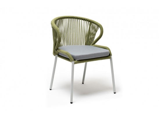 "Милан" стул плетеный из роупа, каркас алюминий светло-серый (RAL7035) муар, роуп салатовый меланж круглый, ткань светло-серая в Кургане