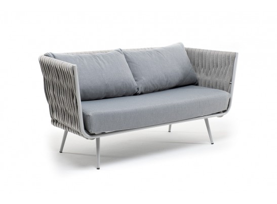 "Монако" диван 2-местный плетеный из роупа, каркас алюминий светло-серый (RAL7035) муар, роуп светло-серый 40 мм, ткань светло-серая в Кургане