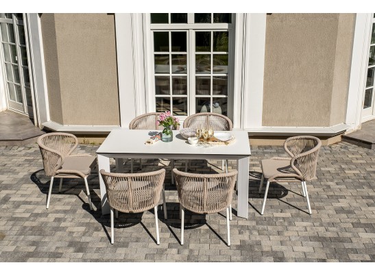 "Венето" обеденная группа на 6 персон со стульями "Милан", каркас белый, роуп бежевый в Кургане