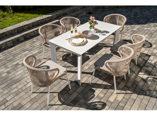 "Венето" обеденная группа на 6 персон со стульями "Милан", каркас белый, роуп бежевый в Кургане