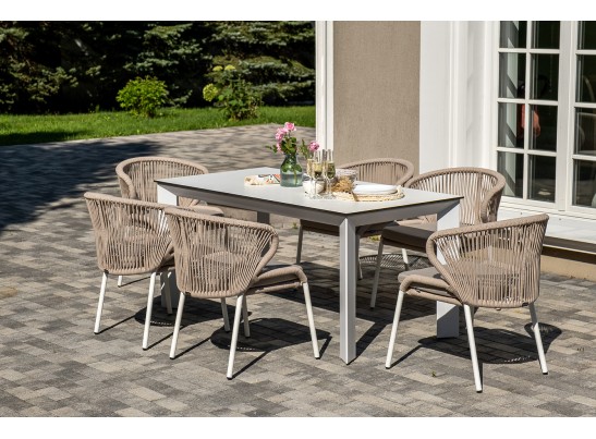 "Венето" обеденная группа на 6 персон со стульями "Милан", каркас белый, роуп бежевый в Кургане