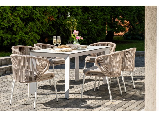 "Венето" обеденная группа на 6 персон со стульями "Милан", каркас белый, роуп бежевый в Кургане