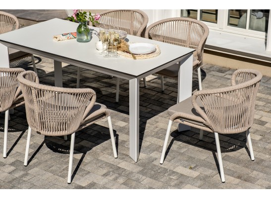 "Венето" обеденная группа на 6 персон со стульями "Милан", каркас белый, роуп бежевый в Кургане