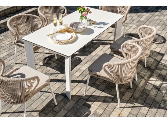 "Венето" обеденная группа на 6 персон со стульями "Милан", каркас белый, роуп бежевый в Кургане