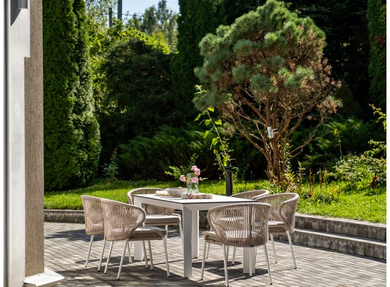 "Венето" обеденная группа на 6 персон со стульями "Милан", каркас белый, роуп бежевый в Кургане