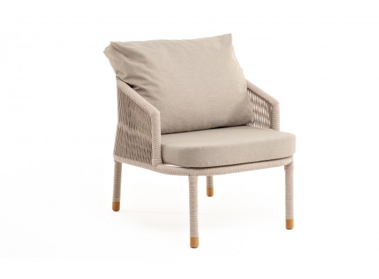 "Верона" кресло плетеное из роупа, каркас алюминий белый муар, роуп бежевый круглый, ткань бежевая 052 в Кургане