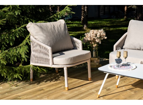 "Верона" кресло плетеное из роупа, каркас алюминий белый муар, роуп бежевый круглый, ткань бежевая 052 в Кургане