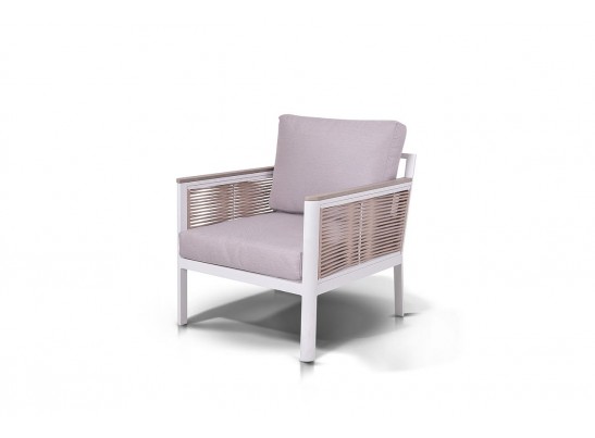 "Сан Ремо" кресло плетеное из роупа садовое, каркас алюминий белый, роуп бежевый, ткань бежевая в Кургане