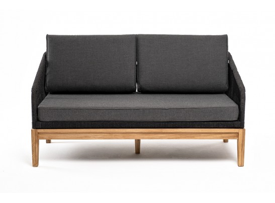 "Канны" диван 2-местный плетеный из роупа, основание дуб, роуп темно-серый круглый, ткань темно-серая 027 в Кургане