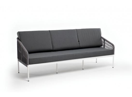 "Канны" диван 3-местный плетеный из роупа, каркас алюминий белый муар, роуп светло-серый круглый, ткань серая 017 в Кургане