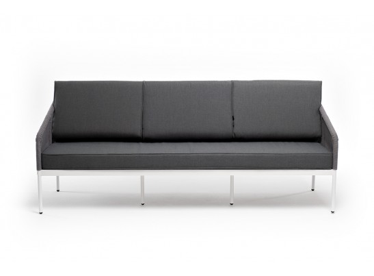 "Канны" диван 3-местный плетеный из роупа, каркас алюминий белый муар, роуп светло-серый круглый, ткань серая 017 в Кургане