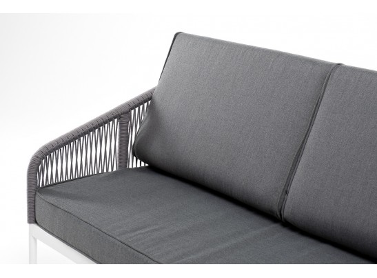 "Канны" диван 3-местный плетеный из роупа, каркас алюминий белый муар, роуп светло-серый круглый, ткань серая 017 в Кургане