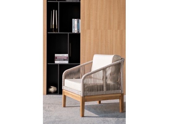 "Канны" кресло плетеное из роупа, основание дуб, роуп бежевый круглый, ткань бежевая 052 в Кургане