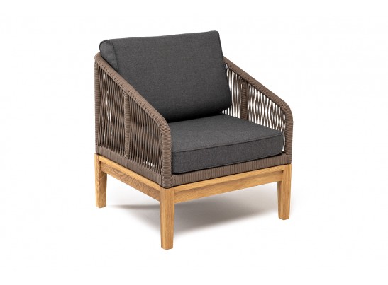 "Канны" кресло плетеное из роупа, основание дуб, роуп коричневый круглый, ткань темно-серая 027 в Кургане