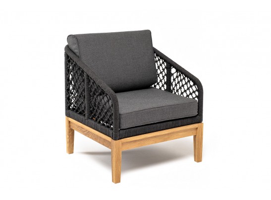 "Канны" кресло плетеное из роупа (узелки), основание дуб, роуп темно-серый круглый, ткань серая в Кургане