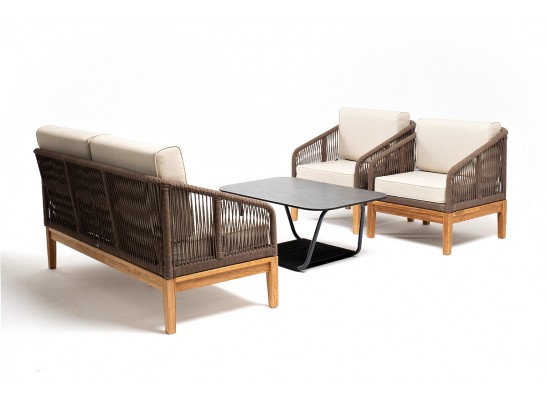 "Канны" лаунж-зона 4-местная из роупа со столом "Гранада" (серый гранит), основание дуб, роуп коричневый, ткань бежевая в Кургане