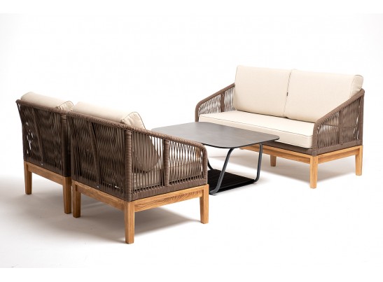 "Канны" лаунж-зона 4-местная из роупа со столом "Гранада" (серый гранит), основание дуб, роуп коричневый, ткань бежевая в Кургане