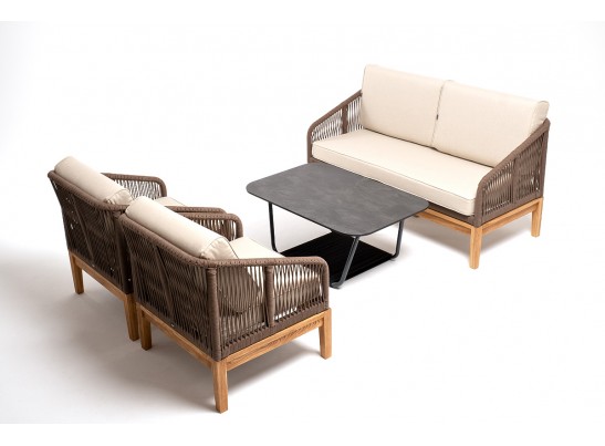 "Канны" лаунж-зона 4-местная из роупа со столом "Гранада" (серый гранит), основание дуб, роуп коричневый, ткань бежевая в Кургане