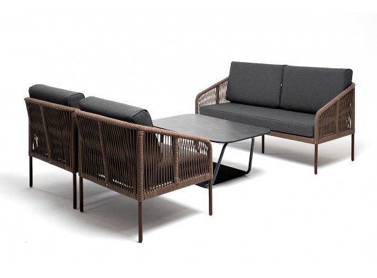 "Канны" лаунж-зона 4-местная из роупа со столом "Верона" (серый гранит), каркас алюминиевый коричневый, роуп коричневый в Кургане