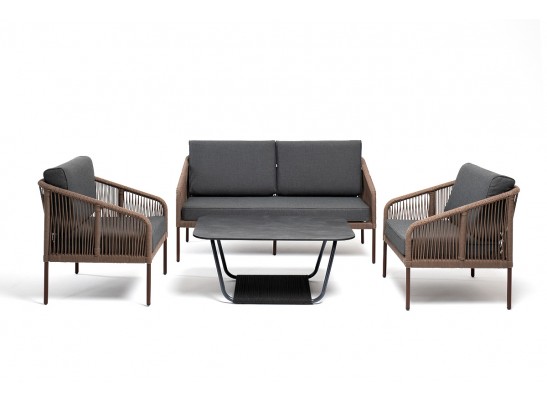 "Канны" лаунж-зона 4-местная из роупа со столом "Верона" (серый гранит), каркас алюминиевый коричневый, роуп коричневый в Кургане