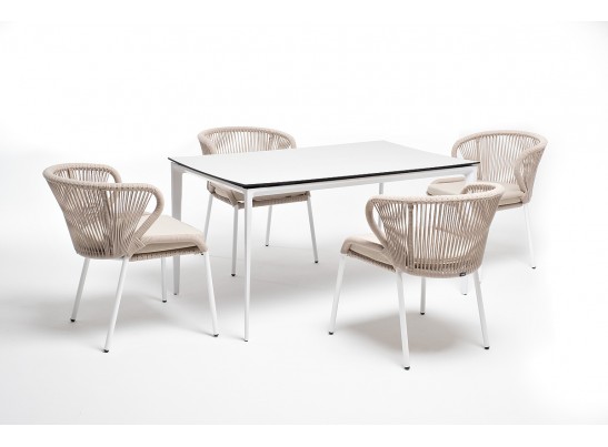 "Малага" обеденная группа на 4 персоны со стульями "Милан", каркас белый, роуп бежевый в Кургане