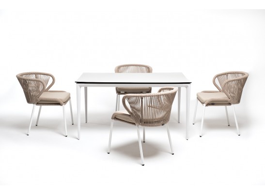 "Малага" обеденная группа на 4 персоны со стульями "Милан", каркас белый, роуп бежевый в Кургане